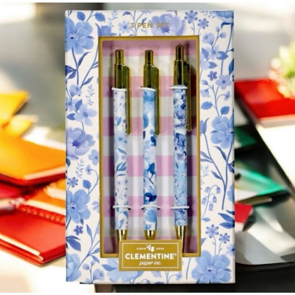 NWT Gorgeous Clementine set of 3 Floral Blue & Gold Pens with Black Ink Gift Set